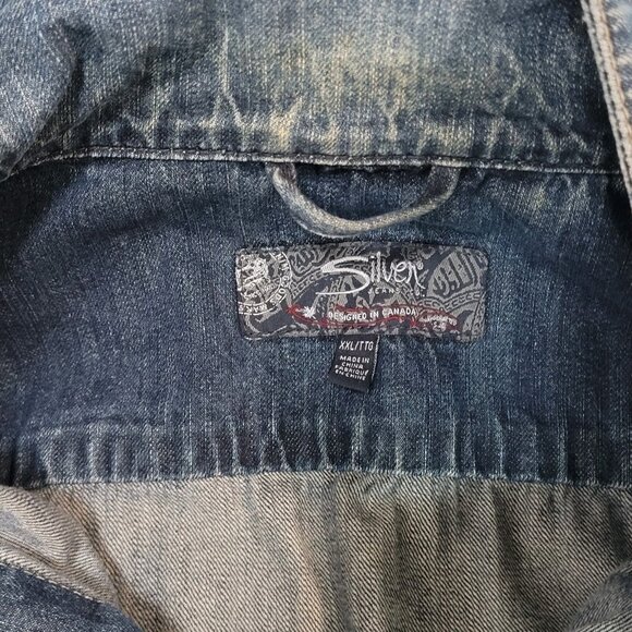 Silver Jeans Blue Denim Western Glove Works Distressed Jean Jacket Size XXL - Picture 5 of 14
